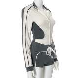 Women Stand Collar Fitness Sports Top and Shorts Two-Piece Set
