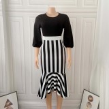 Women's Stripe Irregular Patchwork Mermaid Dress Chic Career Dress