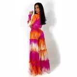 Women's Tie-Dye Knotted Long Sleeves Top Fashion Casual Wide-Leg Pants Two Piece Set