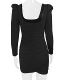 Autumn Winter Women's Sexy Low Back Stacked Shoulder Long Sleeve Slim Dress