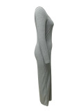 Women's Fashion Square Collar Solid Color Long Sleeve Ribbed Long Dress