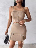 Women's Summer Autumn Button Square Neck Camisole Top Tight Slim Short Skirt Two Piece Set