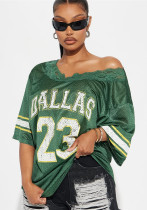 V-Neck Lace Loose Casual Sports Style Jersey Tops Fashionable Girls' Short-Sleeved T-Shirts