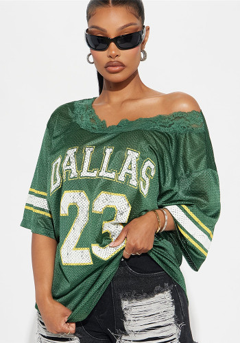 V-Neck Lace Loose Casual Sports Style Jersey Tops Fashionable Girls' Short-Sleeved T-Shirts