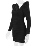 Autumn Winter Women's Sexy Low Back Stacked Shoulder Long Sleeve Slim Dress