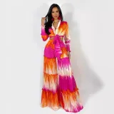 Women's Tie-Dye Knotted Long Sleeves Top Fashion Casual Wide-Leg Pants Two Piece Set
