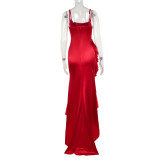 Summer Style Sexy Chic Strap Ruffle Slit Evening Dress