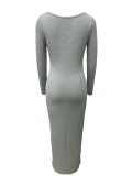Women's Fashion Square Collar Solid Color Long Sleeve Ribbed Long Dress
