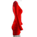 Autumn Winter Women's Sexy Low Back Stacked Shoulder Long Sleeve Slim Dress