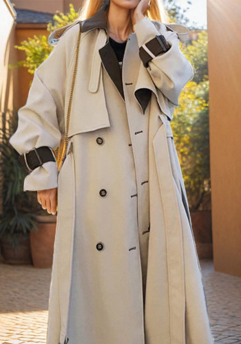 Loose British Style Chic Trench Coat Autumn Contrast Color Belt Waist Long Coat