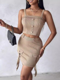 Women's Summer Autumn Button Square Neck Camisole Top Tight Slim Short Skirt Two Piece Set