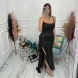 Summer Style Sexy Chic Strap Ruffle Slit Evening Dress
