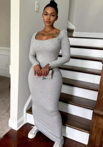 Women's Fashion Square Collar Solid Color Long Sleeve Ribbed Long Dress