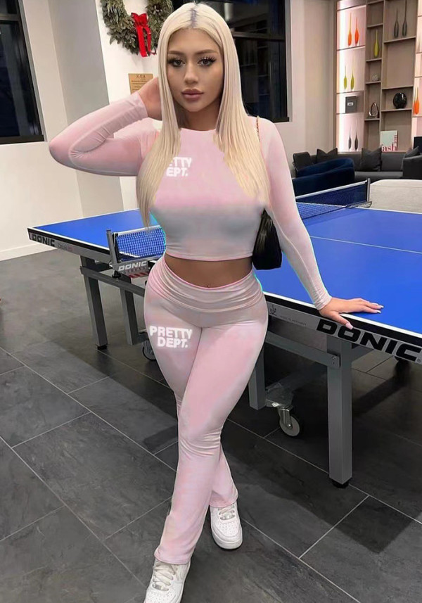 Fashion Trendy Letter Printed Long Sleeve Two Piece Pants Set