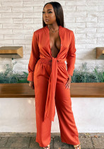 African Women's Long Sleeve Solid Color Sexy V Neck Top Elastic Waist Pants Set