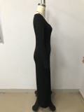 Women's Fashion Square Collar Solid Color Long Sleeve Ribbed Long Dress