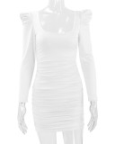 Autumn Winter Women's Sexy Low Back Stacked Shoulder Long Sleeve Slim Dress