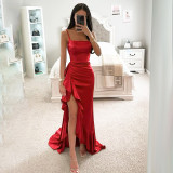 Summer Style Sexy Chic Strap Ruffle Slit Evening Dress
