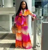 Women's Tie-Dye Knotted Long Sleeves Top Fashion Casual Wide-Leg Pants Two Piece Set