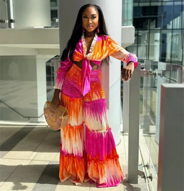 Women's Tie-Dye Knotted Long Sleeves Top Fashion Casual Wide-Leg Pants Two Piece Set