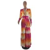 Women's Tie-Dye Knotted Long Sleeves Top Fashion Casual Wide-Leg Pants Two Piece Set
