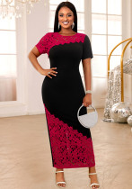 Round Neck Asymmetric Lace Patchwork Short Sleeve Party Dress