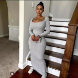 Women's Fashion Square Collar Solid Color Long Sleeve Ribbed Long Dress