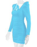 Autumn Winter Women's Sexy Low Back Stacked Shoulder Long Sleeve Slim Dress