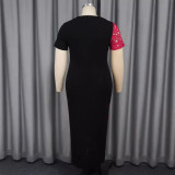 Round Neck Asymmetric Lace Patchwork Short Sleeve Party Dress
