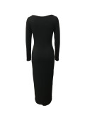 Women's Fashion Square Collar Solid Color Long Sleeve Ribbed Long Dress