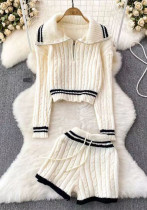 Autumn Winter Turndown Collar Twisted Knitting Shirt Sweater High Waist Drawstring Shorts Set
