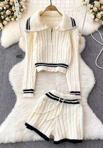 Autumn Winter Turndown Collar Twisted Knitting Shirt Sweater High Waist Drawstring Shorts Set