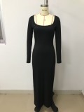 Women's Fashion Square Collar Solid Color Long Sleeve Ribbed Long Dress