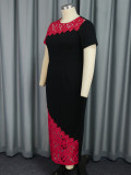 Round Neck Asymmetric Lace Patchwork Short Sleeve Party Dress