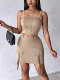 Women's Summer Autumn Button Square Neck Camisole Top Tight Slim Short Skirt Two Piece Set