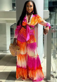 Women's Tie-Dye Knotted Long Sleeves Top Fashion Casual Wide-Leg Pants Two Piece Set