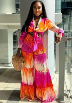 Women's Tie-Dye Knotted Long Sleeves Top Fashion Casual Wide-Leg Pants Two Piece Set