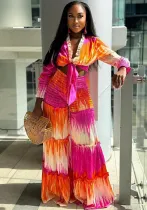 Women's Tie-Dye Knotted Long Sleeves Top Fashion Casual Wide-Leg Pants Two Piece Set