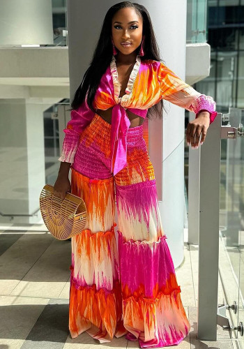 Women's Tie-Dye Knotted Long Sleeves Top Fashion Casual Wide-Leg Pants Two Piece Set