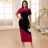 Round Neck Asymmetric Lace Patchwork Short Sleeve Party Dress