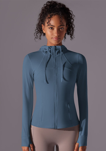 Long Sleeve Solid Color Zipper Pocket Hooded Sports Jacket Running Fitness Yoga Clothes