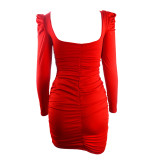 Autumn Winter Women's Sexy Low Back Stacked Shoulder Long Sleeve Slim Dress