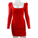 Autumn Winter Women's Sexy Low Back Stacked Shoulder Long Sleeve Slim Dress