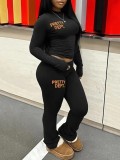 Fashion Trendy Letter Printed Long Sleeve Two Piece Pants Set