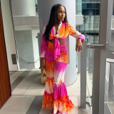 Women's Tie-Dye Knotted Long Sleeves Top Fashion Casual Wide-Leg Pants Two Piece Set