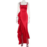 Summer Style Sexy Chic Strap Ruffle Slit Evening Dress