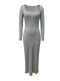 Women's Fashion Square Collar Solid Color Long Sleeve Ribbed Long Dress