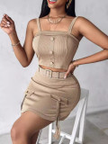 Women's Summer Autumn Button Square Neck Camisole Top Tight Slim Short Skirt Two Piece Set