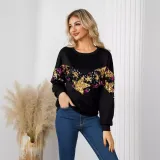 Women Casual Star Sequins Decorated Round Neck long sleeve top