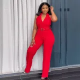 Women Halter Neck Backless V-neck button wide-leg jumpsuit